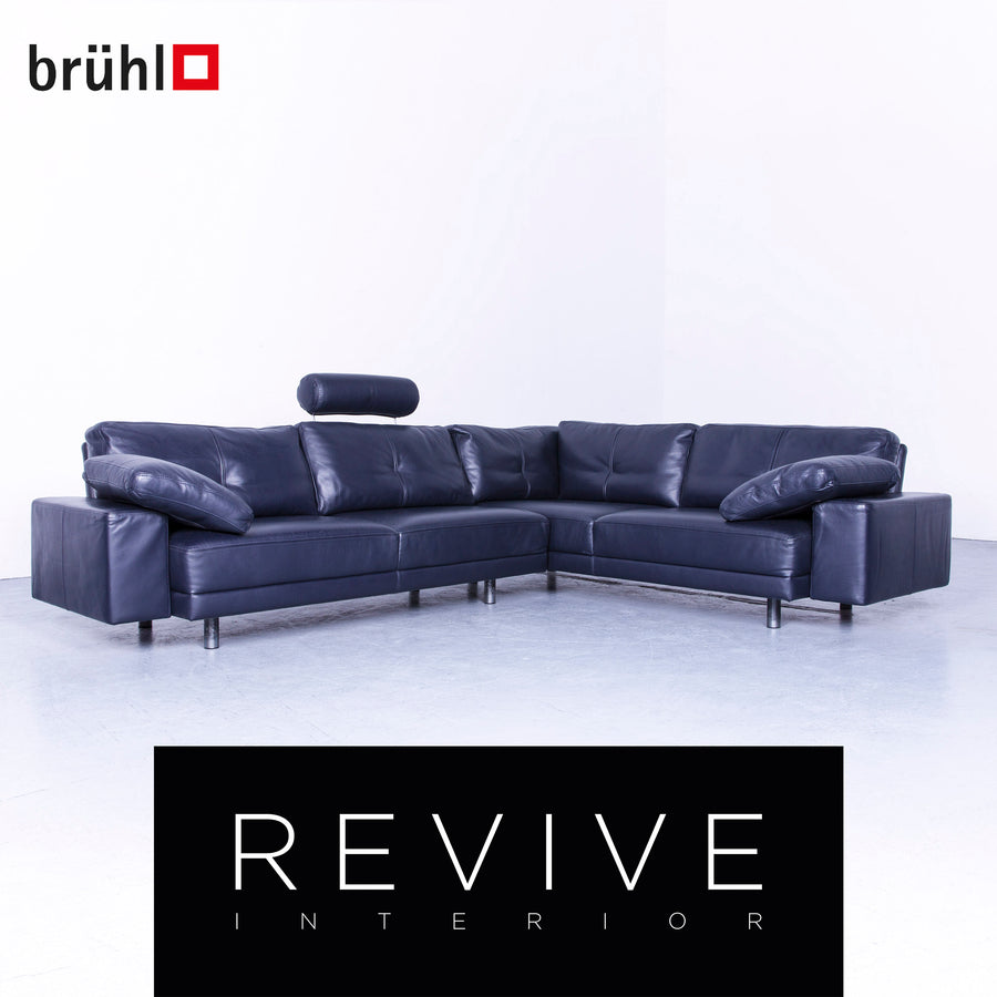 Brühl Designer Leather Corner Sofa Black Genuine Leather Headrest Couch #4673