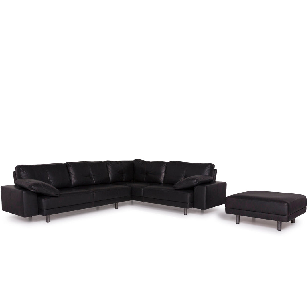 Brühl & Sippold Leder Sofa Garnitur Schwarz Ecksofa Hocker #11921