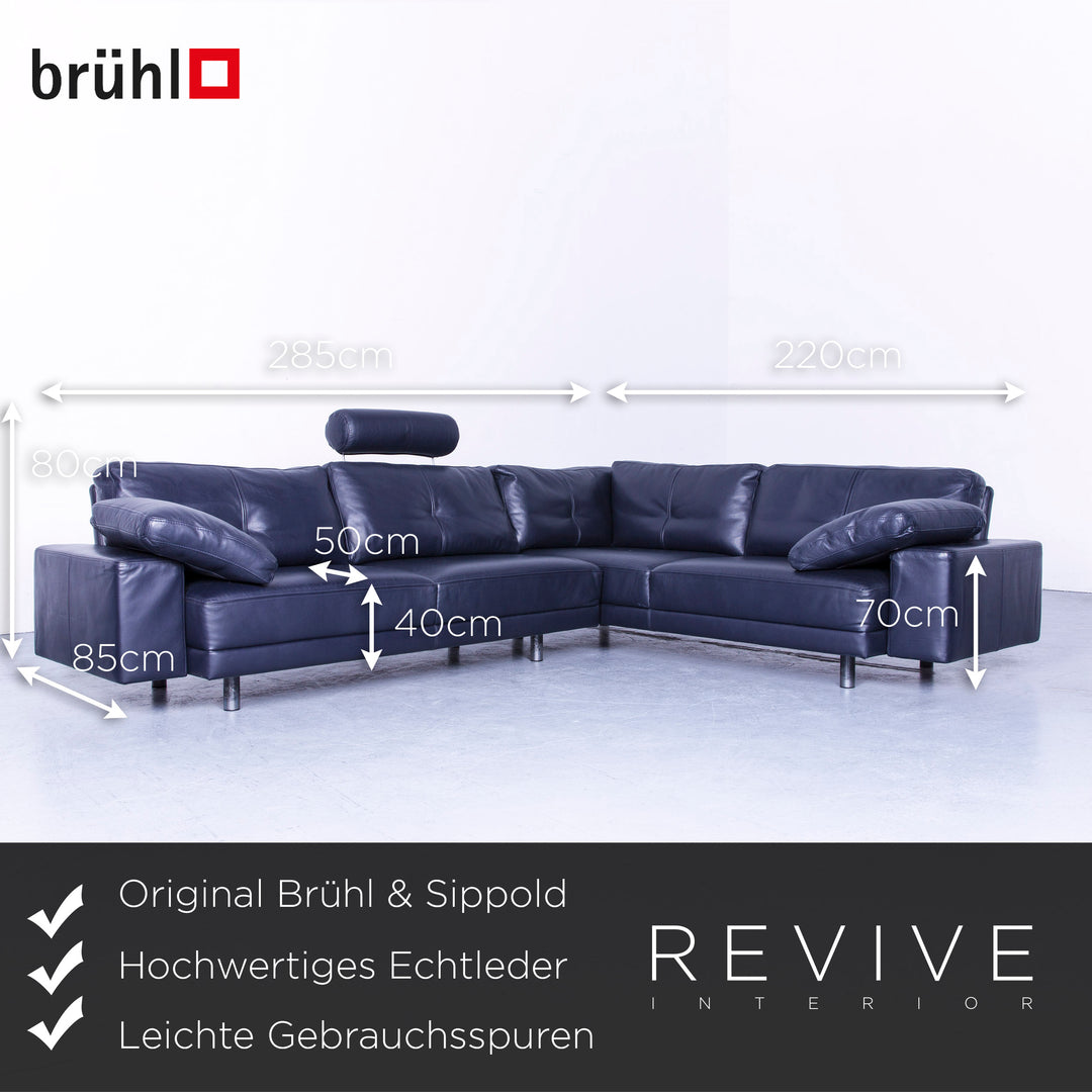 Brühl Designer Leather Corner Sofa Black Genuine Leather Headrest Couch #4673