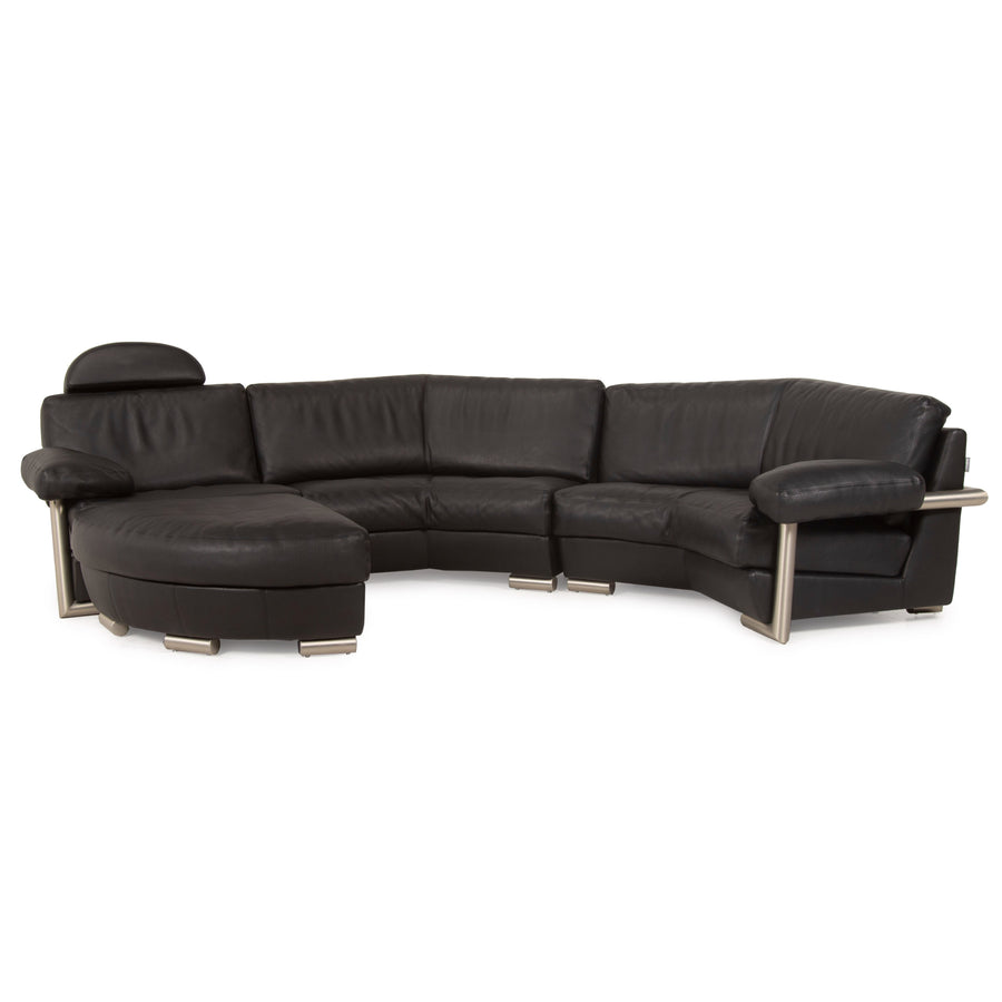 Artanova Medea Leather Sofa Set Black Corner Sofa Stool