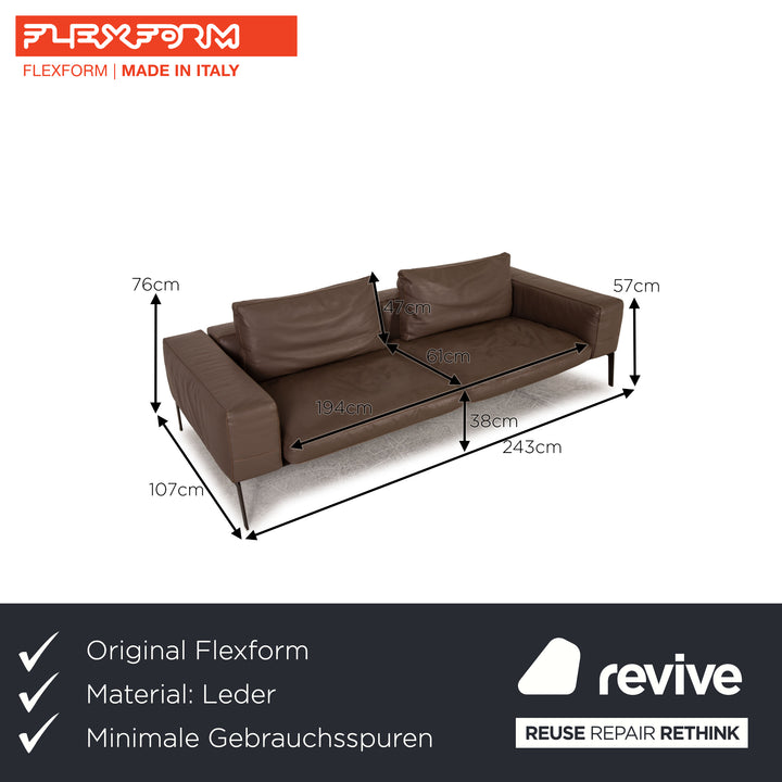 Flexform Lifesteel Leather Sofa Brown Three Seater Couch