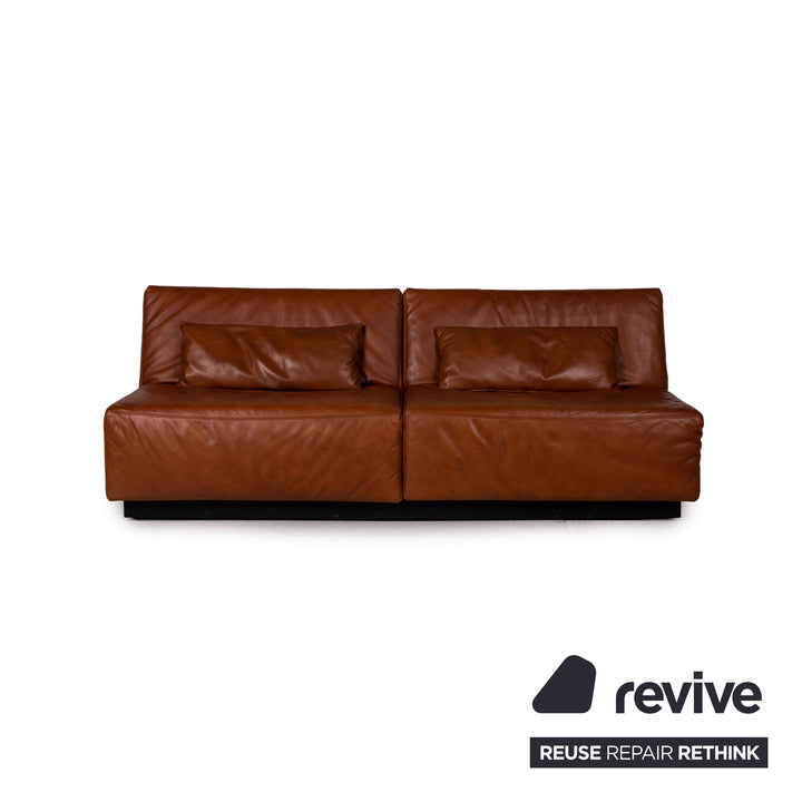 Franz Ready Tema Leather Sofa Set Brown 2 x two-seater 1 x stool function sleeping function