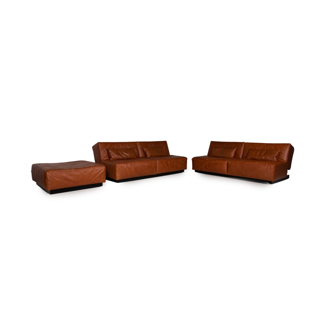 Franz Ready Tema Leather Sofa Set Brown 2 x two-seater 1 x stool function sleeping function