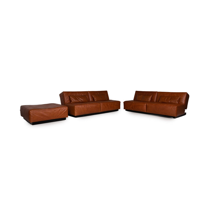 Franz Ready Tema Leather Sofa Set Brown 2 x two-seater 1 x stool function sleeping function