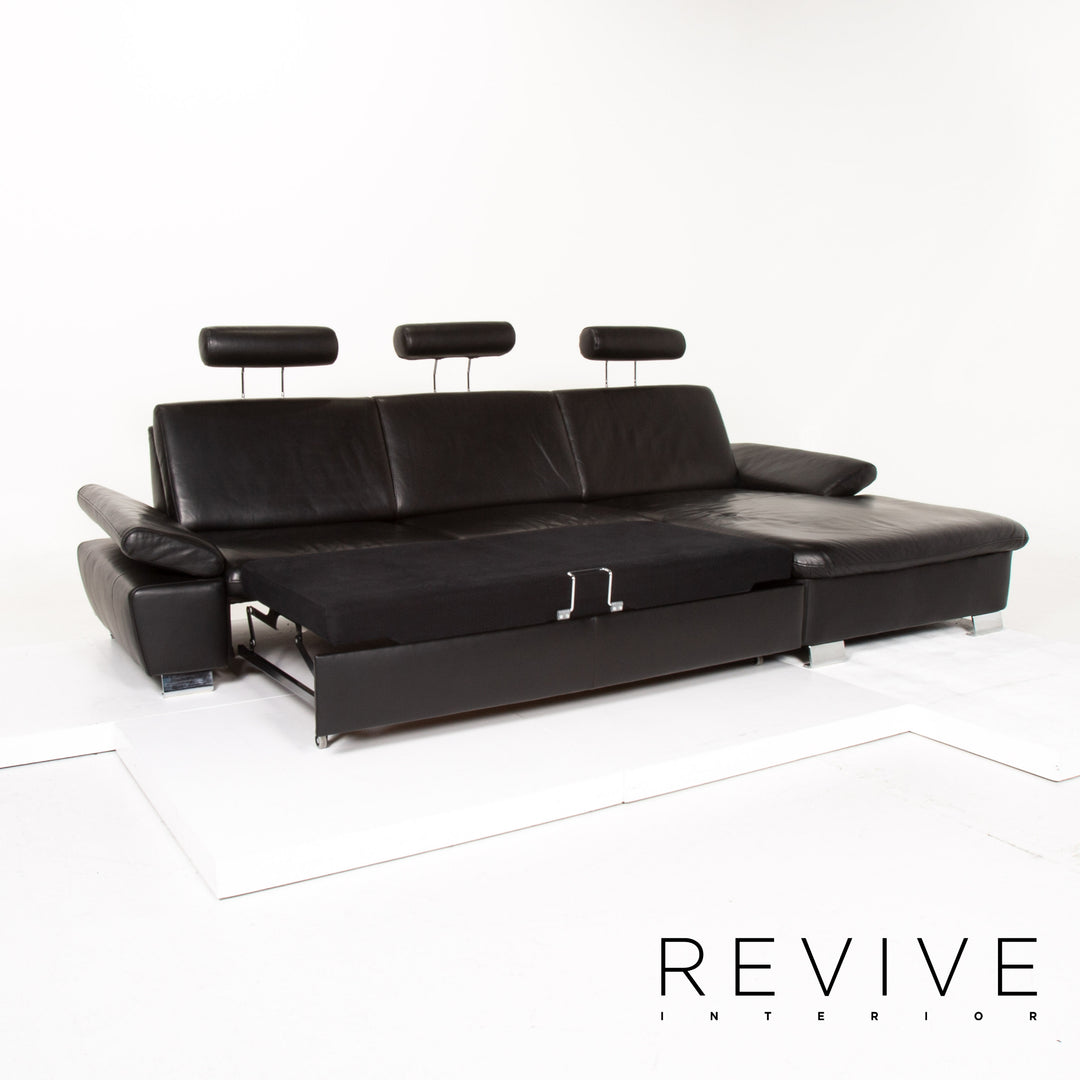 Mondo leather sofa set black 1x corner sofa 1x stool sleeping function function sofa bed #14545