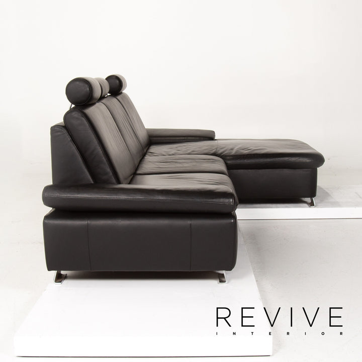 Mondo leather sofa set black 1x corner sofa 1x stool sleeping function function sofa bed #14545