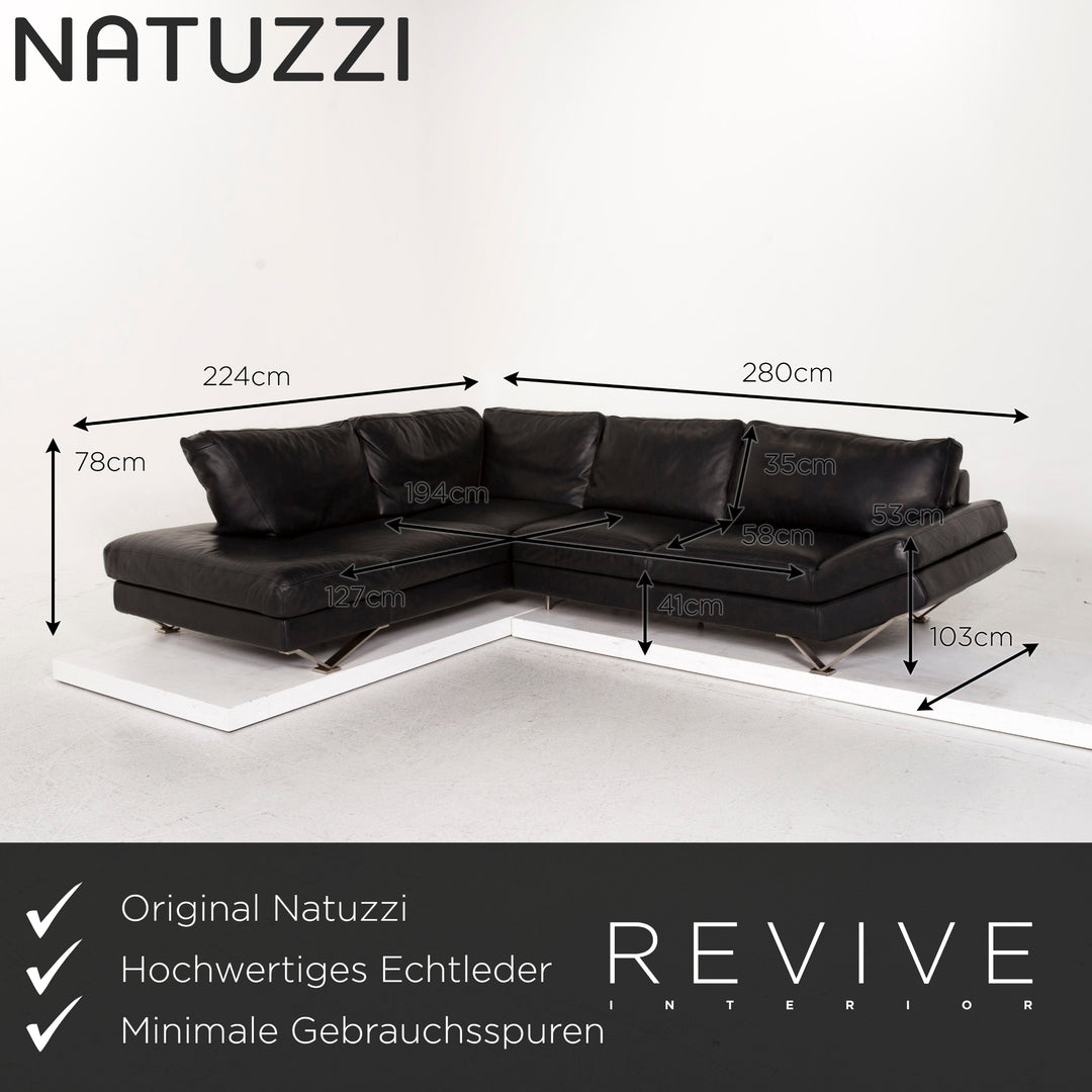 Natuzzi Leather Corner Sofa Black Sofa Couch #12849