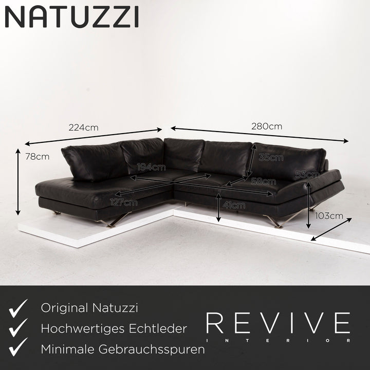Natuzzi Leather Corner Sofa Black Sofa Couch #12849