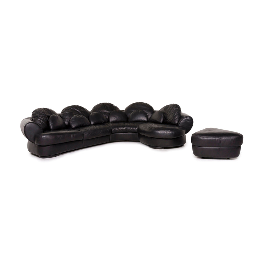 Natuzzi Leder Sofa Garnitur Schwarz 1x Ecksofa 1x Hocker #12334