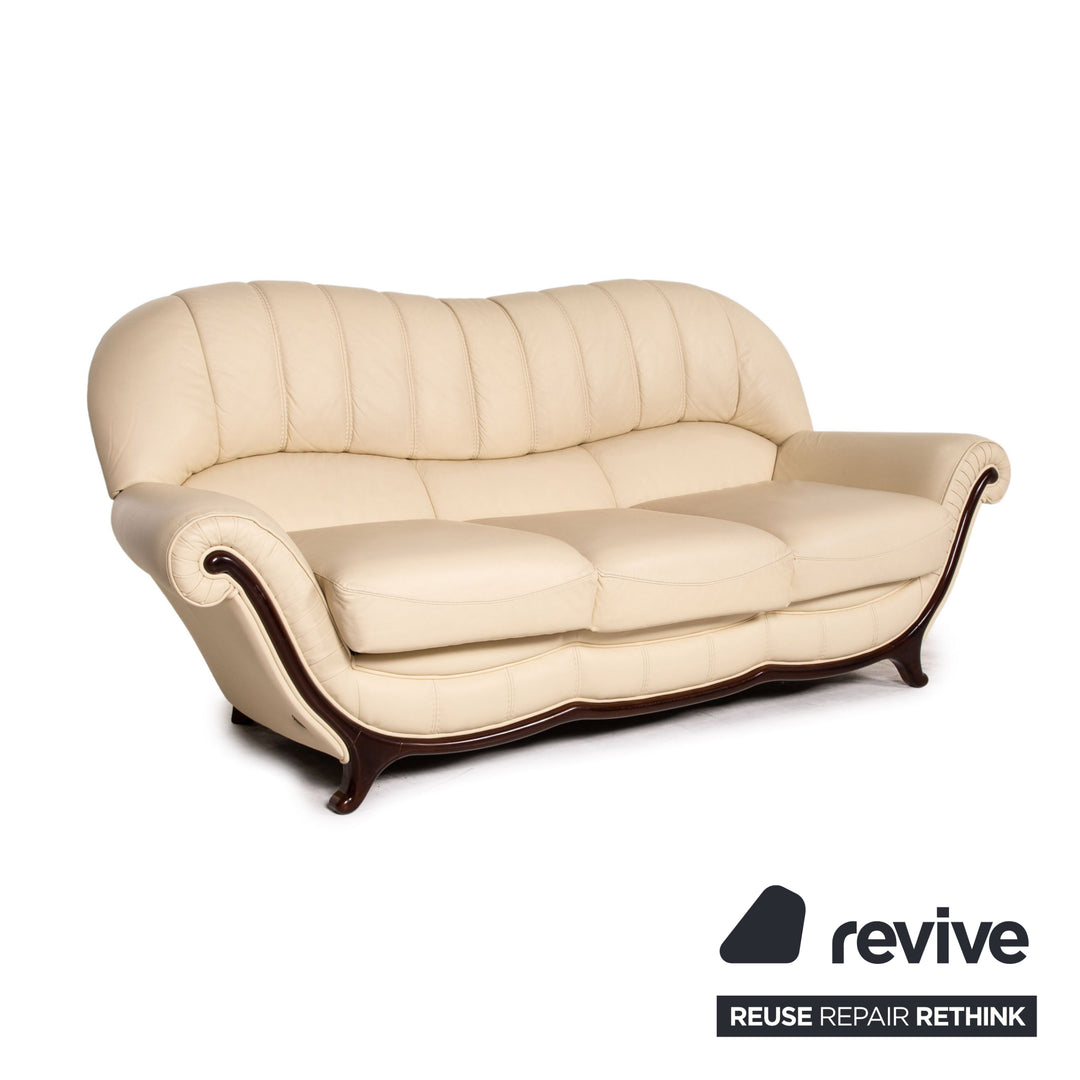 Nieri leather wood sofa set cream 1x three-seater 1x two-seater