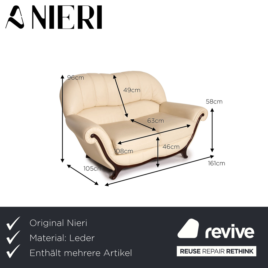 Nieri leather wood sofa set cream 1x three-seater 1x two-seater