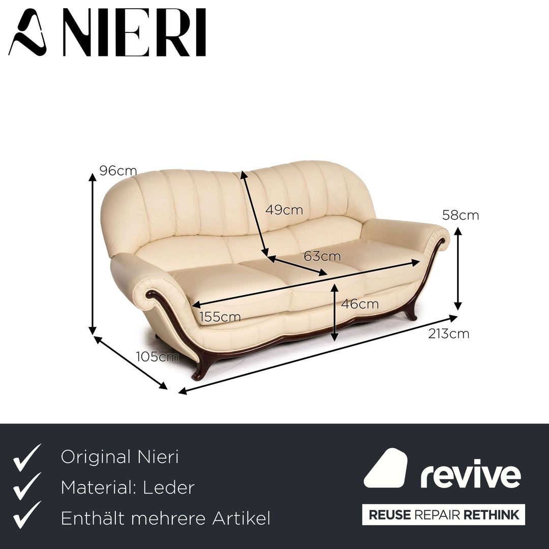 Nieri leather wood sofa set cream 1x three-seater 1x two-seater
