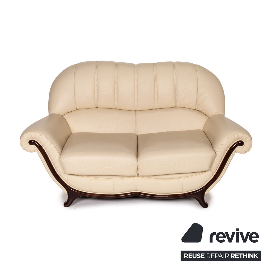 Nieri leather wood sofa set cream 1x three-seater 1x two-seater