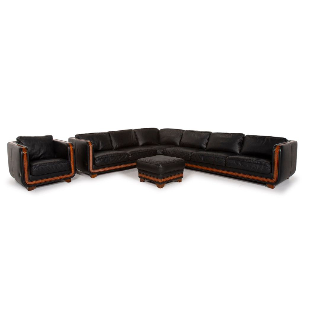 Nieri ensemble de canapé en cuir noir canapé d'angle fauteuil tabouret #15217