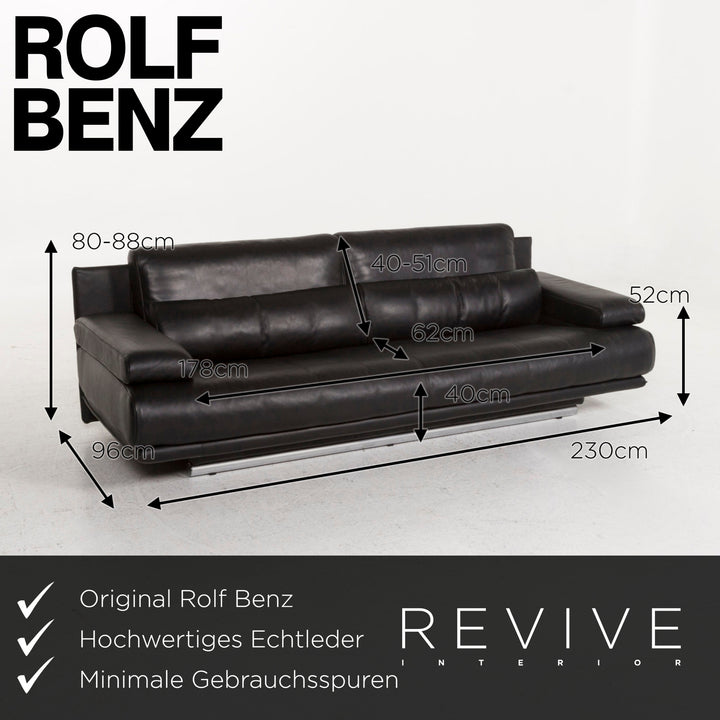 Rolf Benz 6500 leather sofa black three-seater function couch #12908
