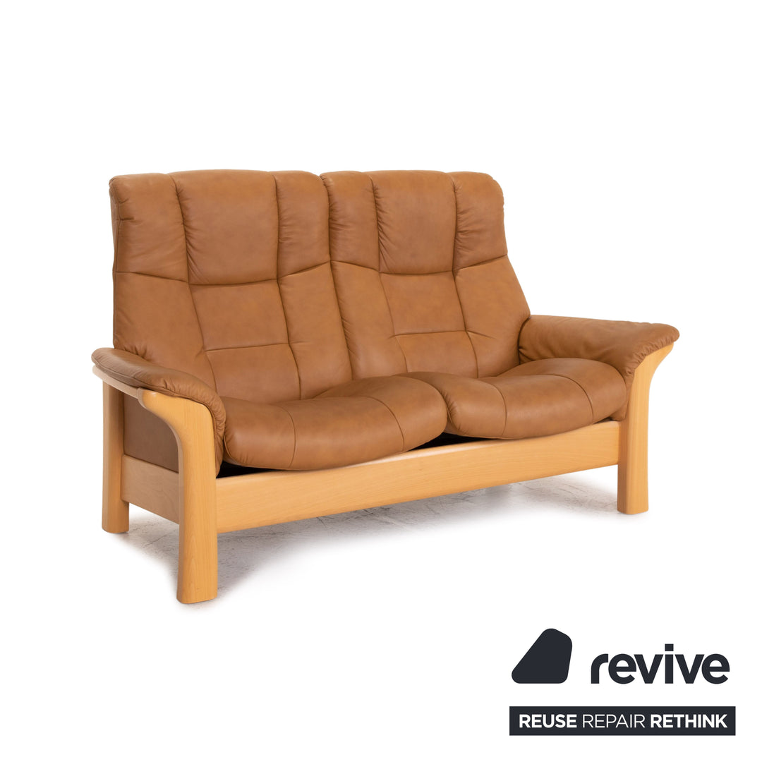 Ensemble de canapés en cuir et bois Buckingham sans stress, marron, 1x trois places, 1x deux places